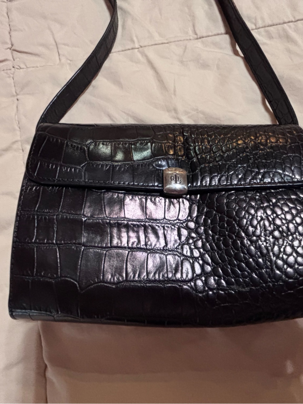 Ralph Lauren Black Croc-Embossed Shoulder Bag